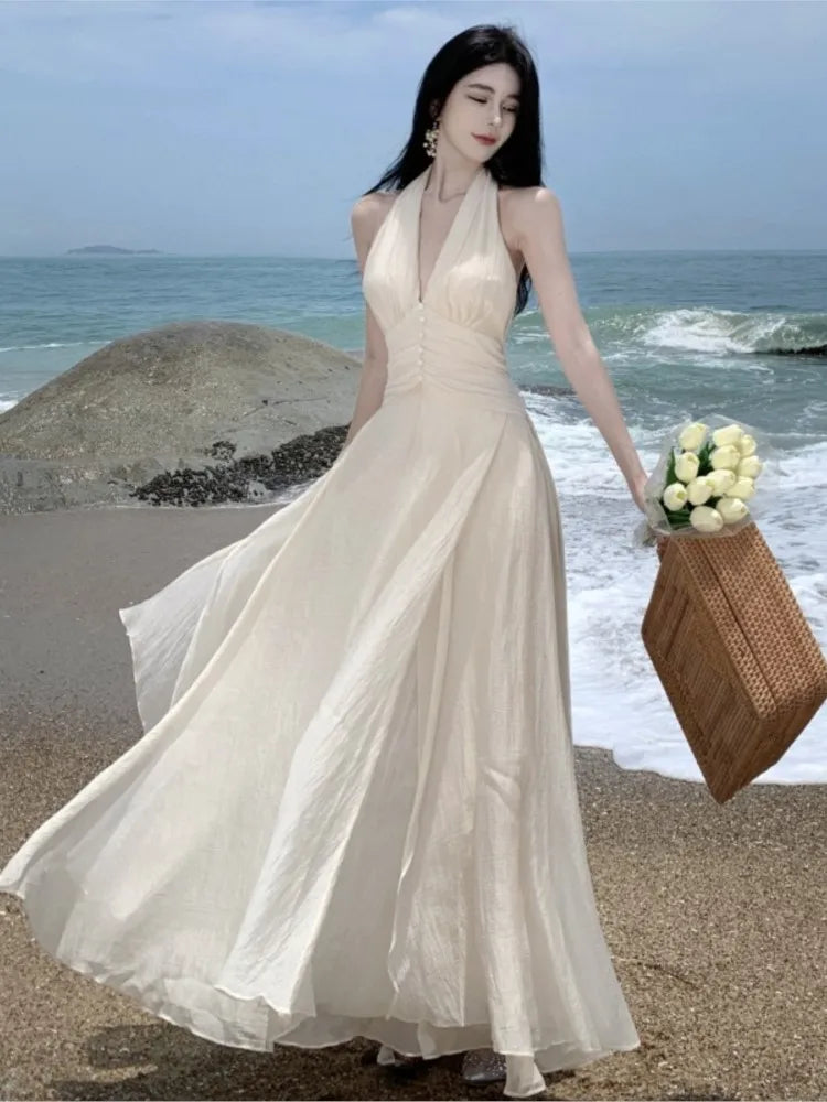 Summer Sleeveless Halter Long White Maxi Dress Elegant Tight Waist V-neck Beach Dress Robes Du Soir Evening Dresses Wedding Prom Stylish Pleated A-Line Maxi Dress Summer Sleeveless Halter Long White Maxi Dress Elegant Tight Waist V-neck Beach Dress Robes Du Soir Evening Dresses Wedding Prom Stylish Pleated A-Line Maxi Dress