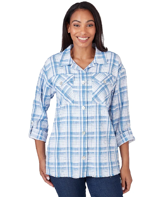 Ruby Road Blue Horizon Button Front Plaid Crepe Shirt Jacket Belted Jacket Elasticated Jacket Padded Jacket Ruby Road Blue Horizon Button Front Plaid Crepe Shirt Jacket Belted Jacket Elasticated Jacket Padded Jacket