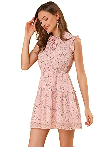 Women's Floral Cap Sleeve Dresses Ruffle Tie Neck Summer Mini Dress Fashionable Boho-Chic Mini Dress Women's Floral Cap Sleeve Dresses Ruffle Tie Neck Summer Mini Dress Fashionable Boho-Chic Mini Dress