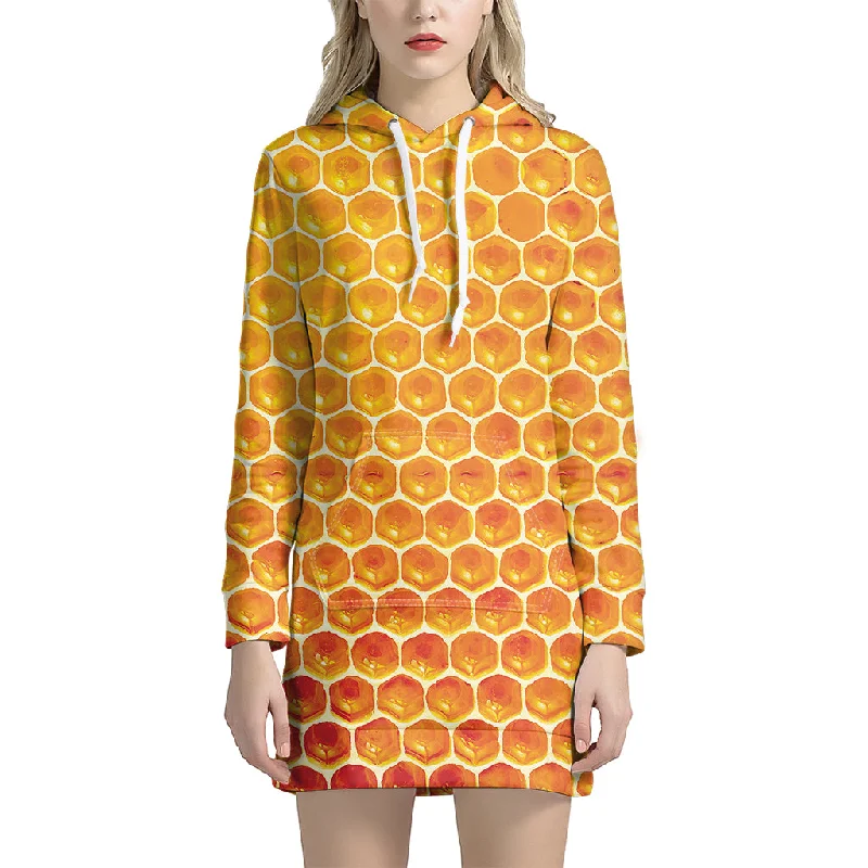 Honey Bee Hive Print Pullover Hoodie Dress