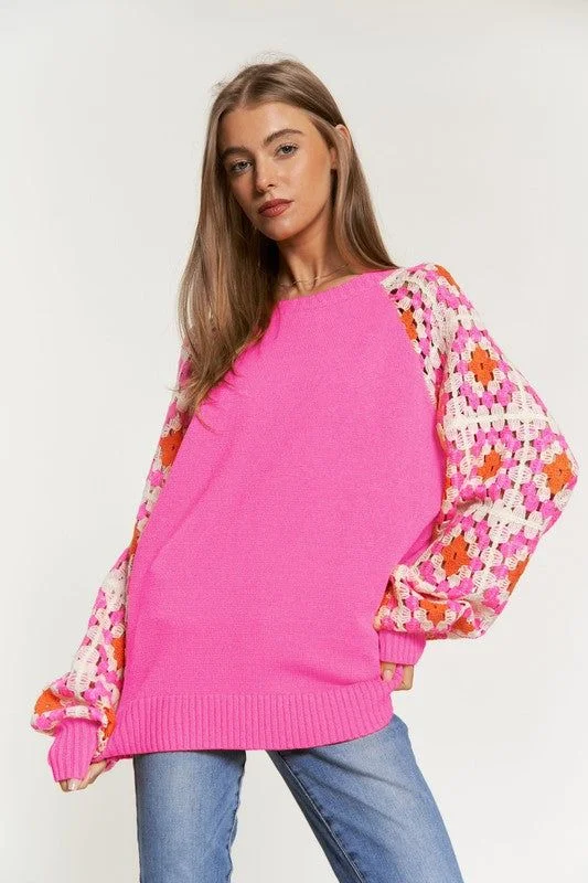 Davi & Dani Crochet Detailed Long Sleeve Knit Sweater Top Herringbone Houndstooth Plaid Davi & Dani Crochet Detailed Long Sleeve Knit Sweater Top Herringbone Houndstooth Plaid