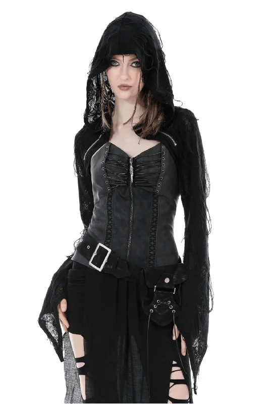 Black Gothic Punk Hooded Cape with Shredded Design Hoodie with Tied Waist Feminine Flattering Black Gothic Punk Hooded Cape with Shredded Design Hoodie with Tied Waist Feminine Flattering