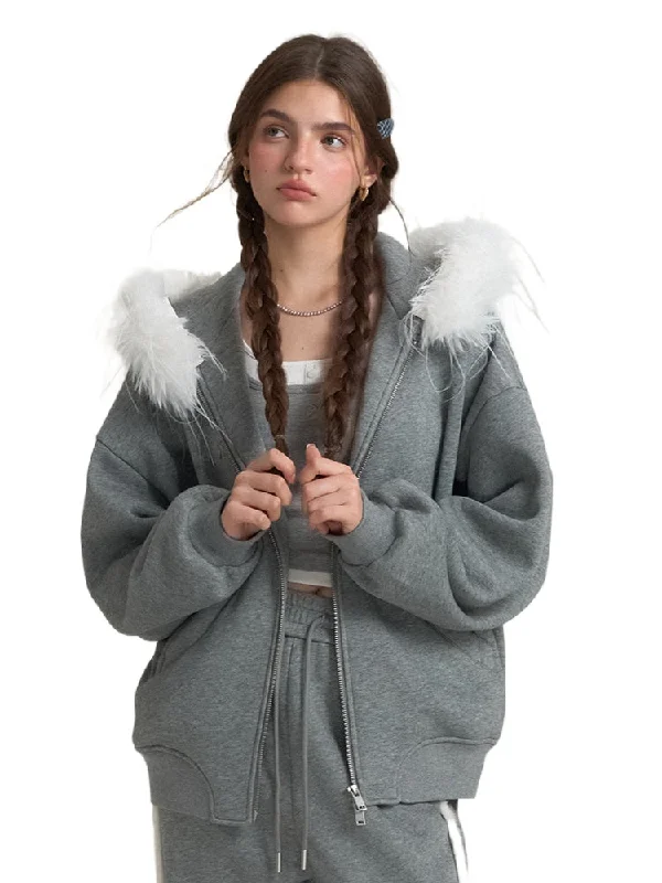 Detachable Fur Collar Double Zipper Hoodie Hoodie with Set-In Sleeves Structured Classic Detachable Fur Collar Double Zipper Hoodie Hoodie with Set-In Sleeves Structured Classic