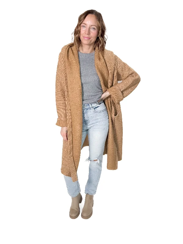 Ellesbeth Oversized Two Pocket Hooded Coatigan- CAMEL Hoodie with Crew Neck Simple Timeless Ellesbeth Oversized Two Pocket Hooded Coatigan- CAMEL Hoodie with Crew Neck Simple Timeless