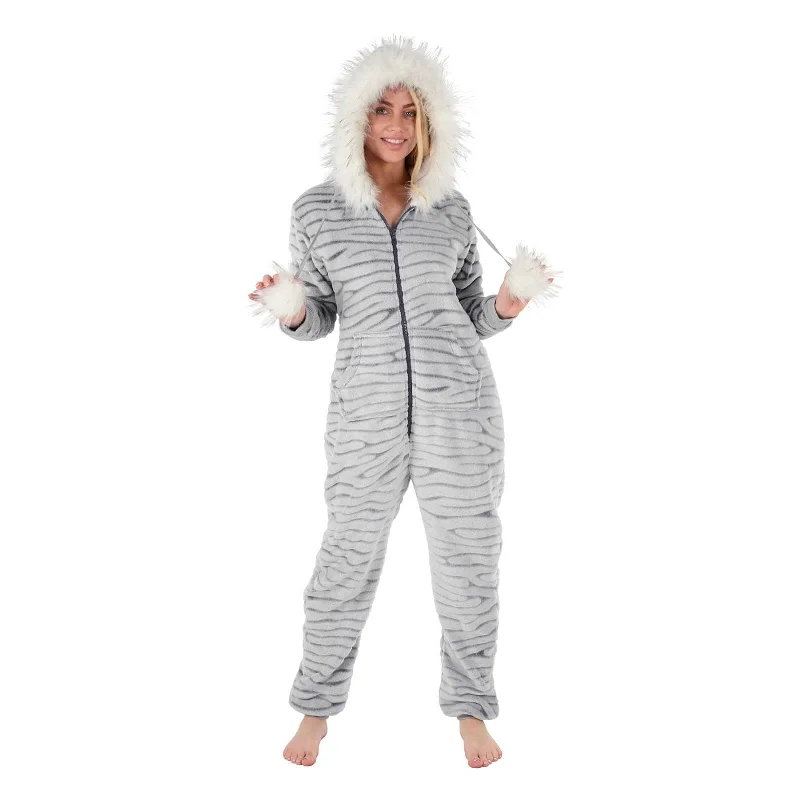 Womens All in One Pyjama Suit Zebra Print Grey Hooded Fleece Hoodie with Applique Textured Unique Womens All in One Pyjama Suit Zebra Print Grey Hooded Fleece Hoodie with Applique Textured Unique
