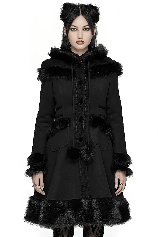 Women's Faux Fur-Trimmed Gothic Hooded Woolen Coat Hoodie with Raw Hem Edgy Unfinished Women's Faux Fur-Trimmed Gothic Hooded Woolen Coat Hoodie with Raw Hem Edgy Unfinished